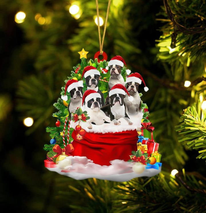 Personalized Boston Terrier Dogs In Red Gift Bag Acrylic Christmas Ornament, Custom Name Christmas Gift For Dog Lovers, Dog Mom