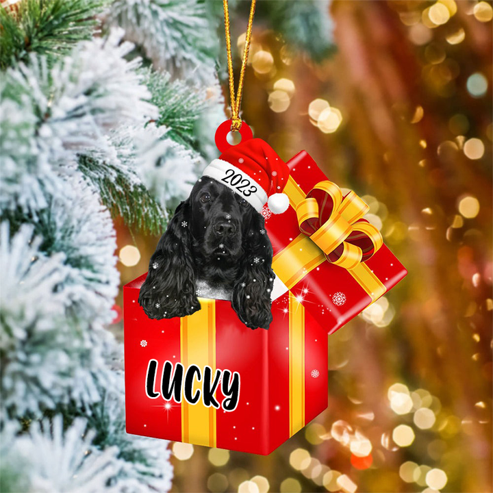 Personalized English Cocker Spaniel In Red Gift Box Acrylic Christmas Ornament Custom Pet Christmas Ornament - Gift For Dog Lovers, Pet Lovers