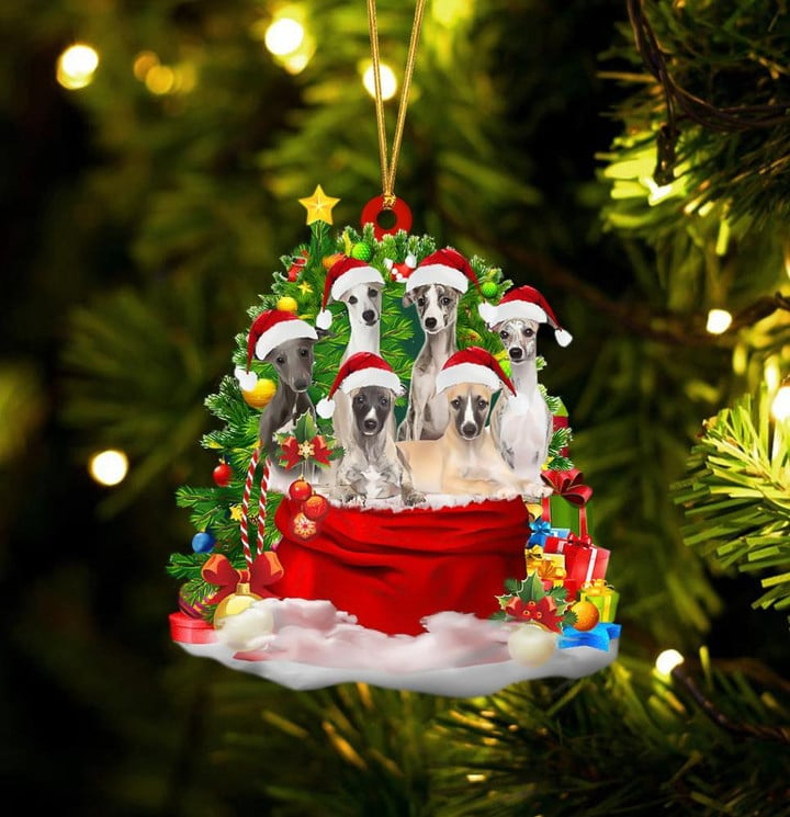 Personalized Whippet Dogs In Red Gift Bag Acrylic Christmas Ornament, Custom Name Christmas Gift For Dog Lovers, Dog Mom