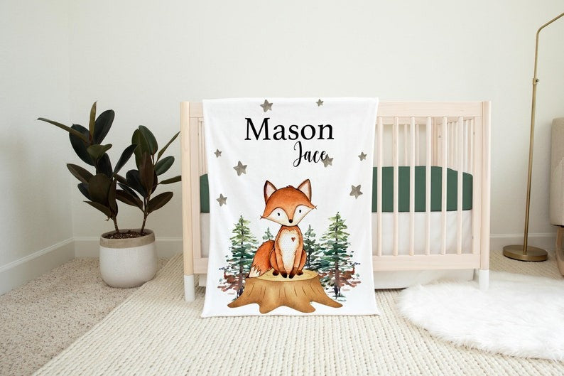 Fox Woodland Baby Blanket With Customized Name For Baby Boy Girl Nursery, Son, Grandson, Daughter, Granddaughter