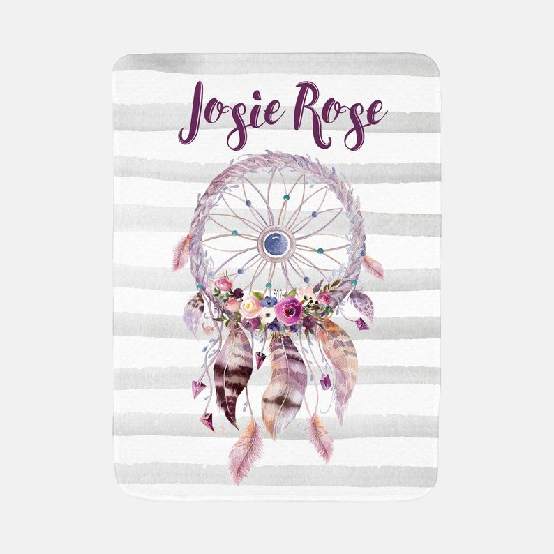 Boho Dreamcatcher Baby Kids Blanket With Customized Name For Baby Girl Nursery, Daughter, Granddaughter, Newborn Gifts