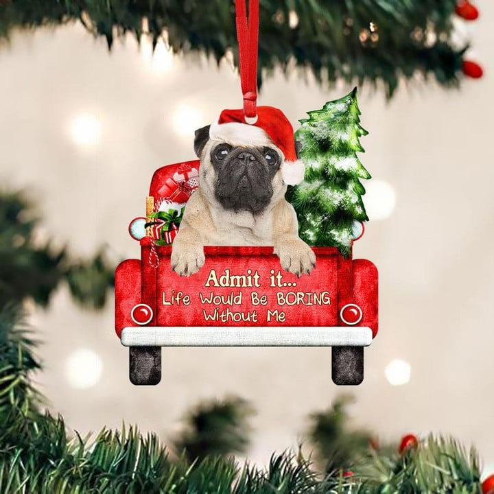 Custom Photo Pug On The Red Truck Acrylic Christmas Ornament, Customized Christmas Gift For Dog Lovers, Dog Owners