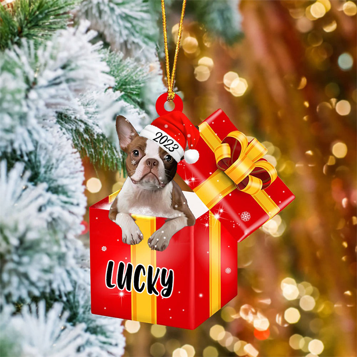 Personalized Boston Terrier In Red Gift Box Acrylic Christmas Ornament Custom Pet Christmas Ornament - Gift For Dog Lovers, Pet Lovers