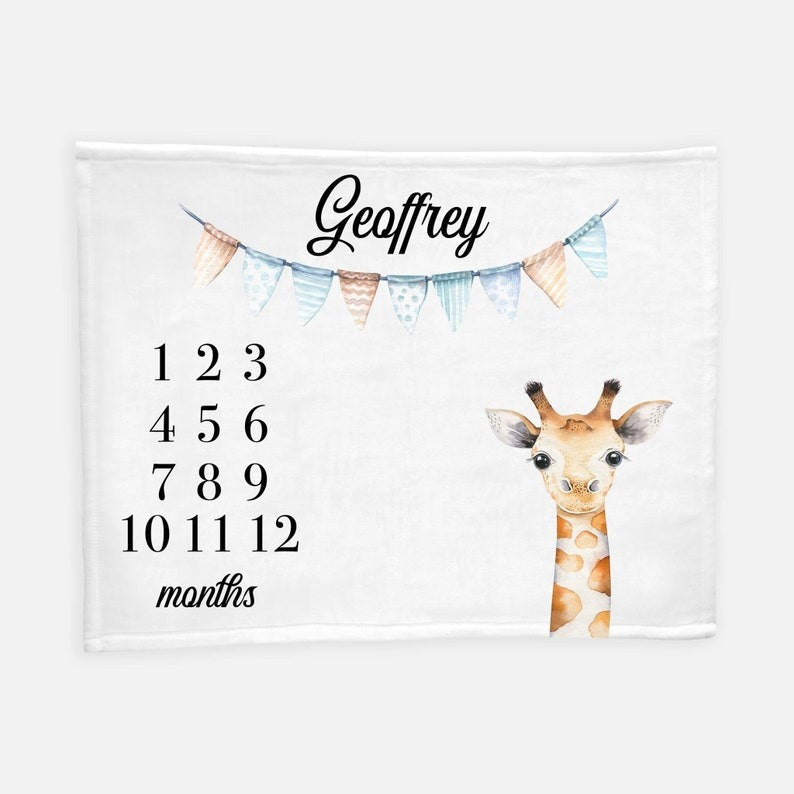 Giraffe Baby Milestone Blanket With Customized Name For Baby Boy Nursery, Son, Grandson