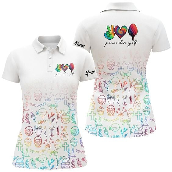 Custom Golf Womens Polo Shirt - Womens Golf Polo Shirts Custom Watercolor Peace Love Golf, Personalized Easter Golf - Perfect Polo Shirt For Womens