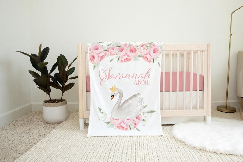 Swan Princess Baby Kids Blanket With Customized Name For Baby Girl Nursery, Daughter, Granddaughter, Newborn Gifts