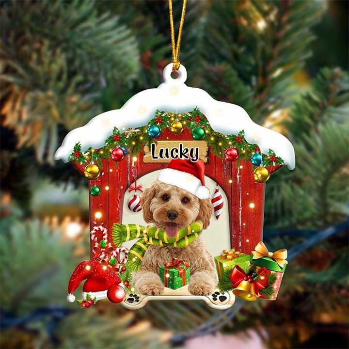Customized Name Cockapoo In Red Wood House Acrylic Christmas Ornament Gift For Dog Lovers, Dog Mom