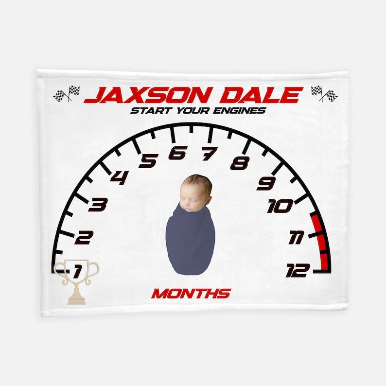 Speedometer Race Car Baby Milestone Blanket With Customized Name For Baby Boy Nursery, Son, Grandson