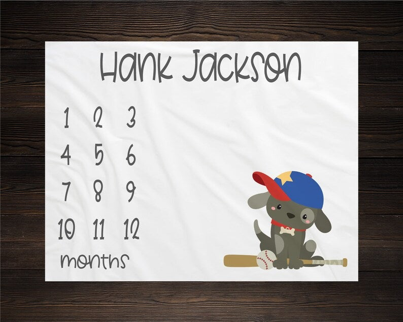 Baseball Dog Baby Milestone Blanket With Customized Name For Baby Boy Nursery, Son, Grandson, Newborn Gifts