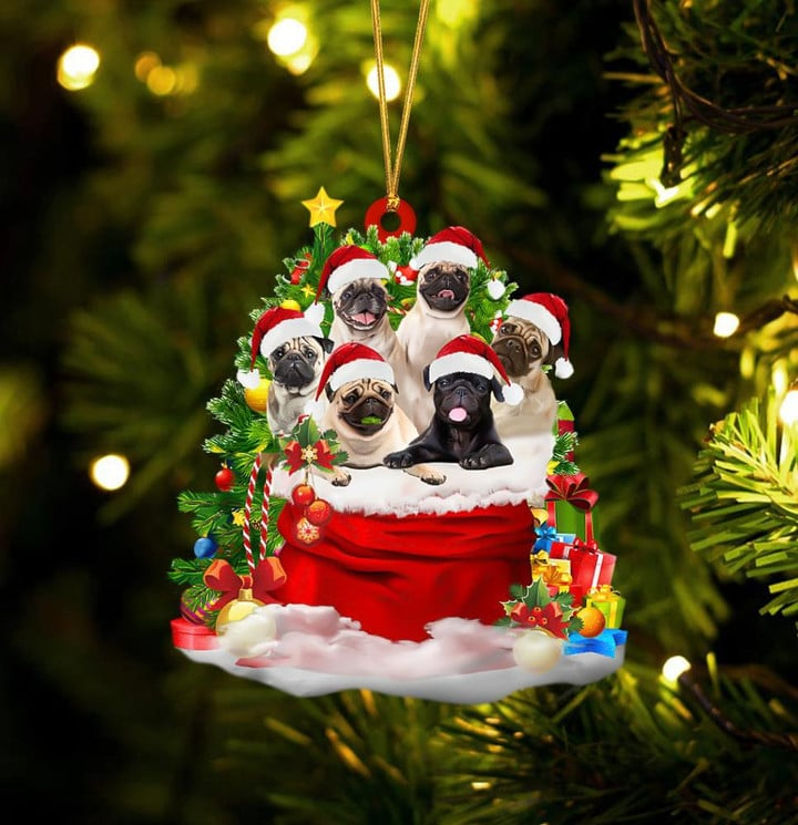Personalized Pug Dogs In Red Gift Bag Acrylic Christmas Ornament, Custom Name Christmas Gift For Dog Lovers, Dog Mom
