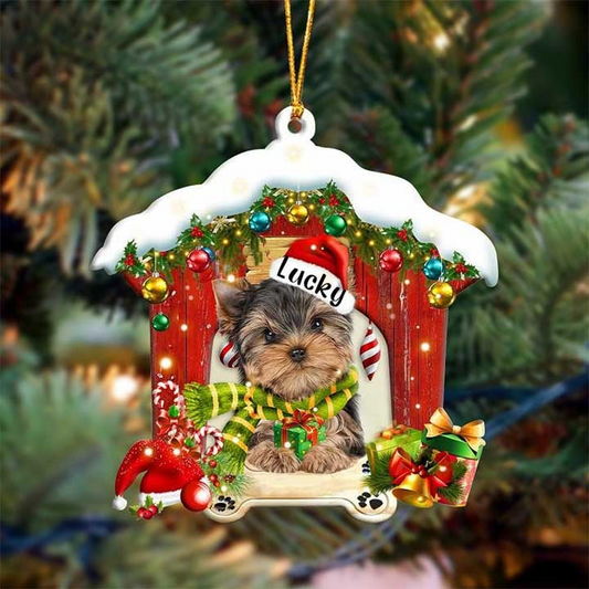 Customized Name Yorkshire Terrier In Red Wood House Acrylic Christmas Ornament Gift For Dog Lovers, Dog Mom