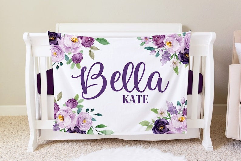 Purple Floral Baby Girl Blanket With Customized Name For Baby Girl Nursery, Daughter, Granddaughter