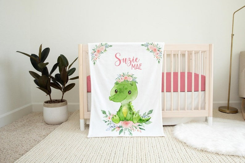 Alligator Floral Baby Milestone Blanket With Customized Name For Baby Girl Nursery, Daughter, Granddaughter, Newborn Gifts