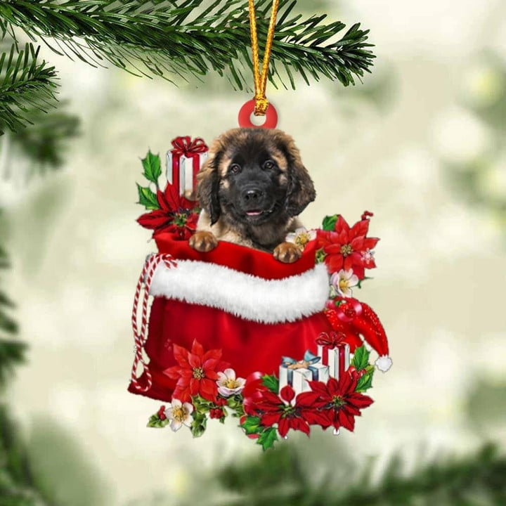 Custom Name Leonberger In Red Gift Bag Acrylic Christmas Ornament, Customized Christmas Gift For Dog Lovers, Dog Mom