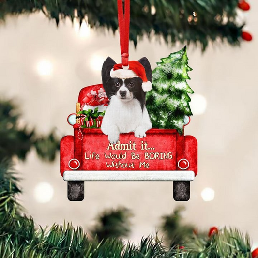 Personalized Photo Papillon On The Red Truck Acrylic Christmas Ornament, Custom Christmas Gift For Dog Lovers, Dog Owners