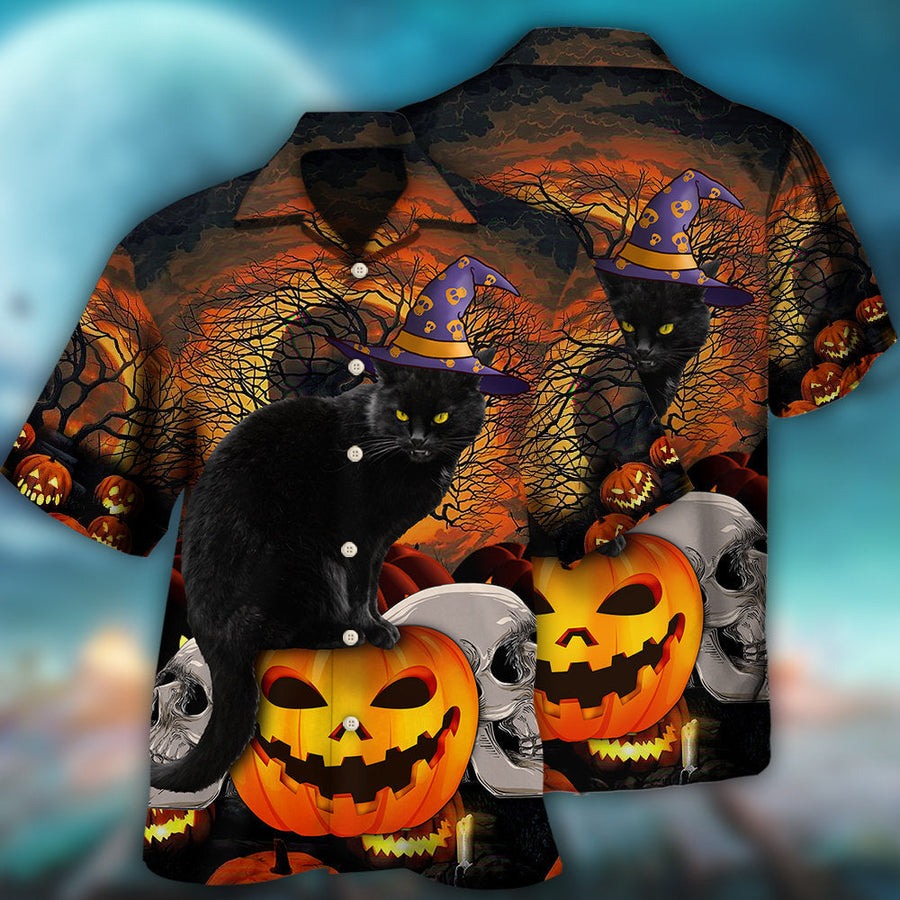 Halloween Hawaiian Shirt, Halloween Black Cat  Scary Pumpkin Aloha Shirt For Men & Women - Halloween Gift For Members Family, Friends, Cat Lovers