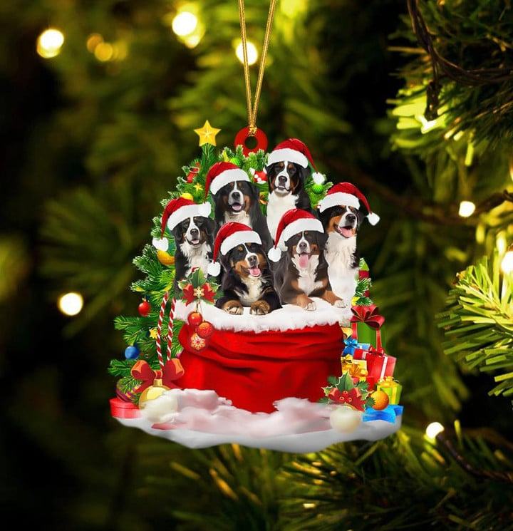 Customized Bernese Mountain Dogs In Red Gift Bag Acrylic Christmas Ornament, Personalized Name Christmas Gift For Dog Lovers, Dog Mom