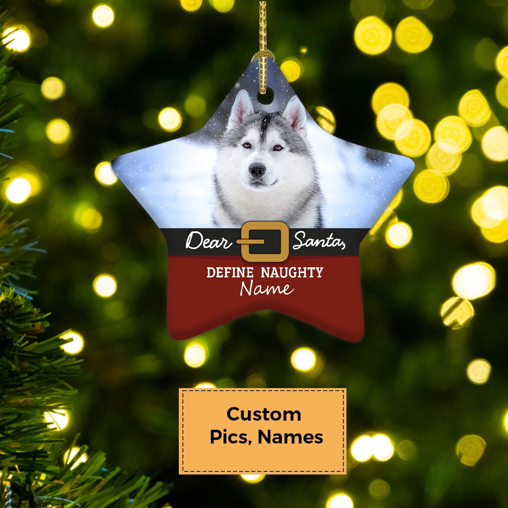 Custom Photo With Dog Ceramic Ornament, Custom Pet Photo Ornament, Dear Santa Define Naughty - Christmas Ornament Gift For Dog Lovers, Pet Lovers