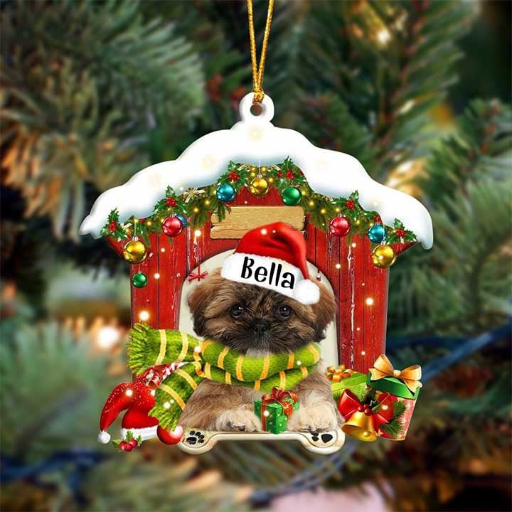Customized Name Shih Tzu In Red Wood House Acrylic Christmas Ornament Gift For Dog Lovers, Dog Mom