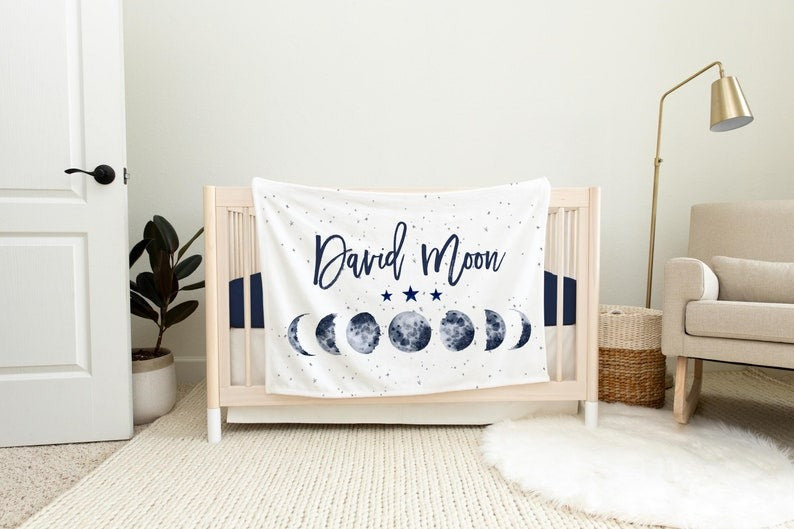 Moon Phases Baby Kids Blanket With Customized Name For Baby Boy Nursery, Son, Grandson, Newborn Gifts