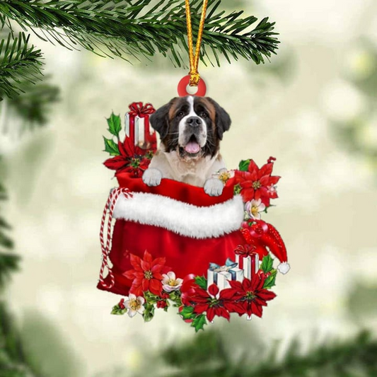 Customized St Bernard In Red Gift Bag Acrylic Christmas Ornament, Personalized Christmas Gift For Dog Lovers, Dog Mom