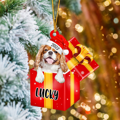 Personalized Cavalier King Charles Spaniel In Red Gift Box Acrylic Christmas Ornament Custom Pet Christmas Ornament - Gift For Dog Lovers, Pet Lovers