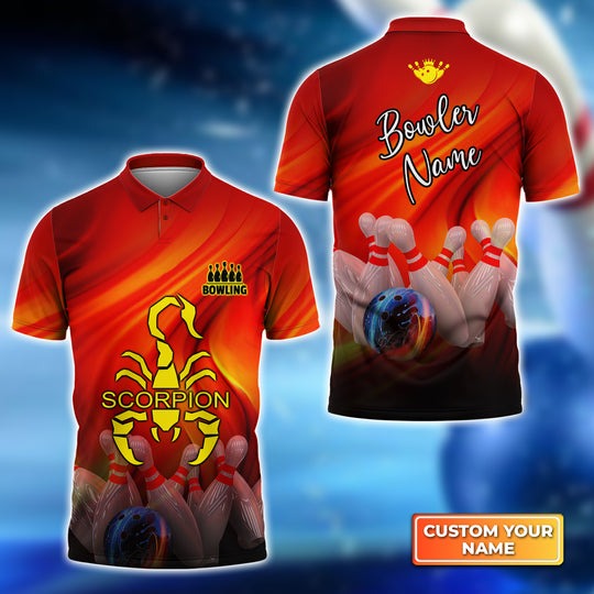 Customized Bowling Polo Shirt, Orange Bowling Scorpion Personalized Bowling Polo Shirt For Men - Gift For Bowlers, Bowling Lovers, Bowling Team