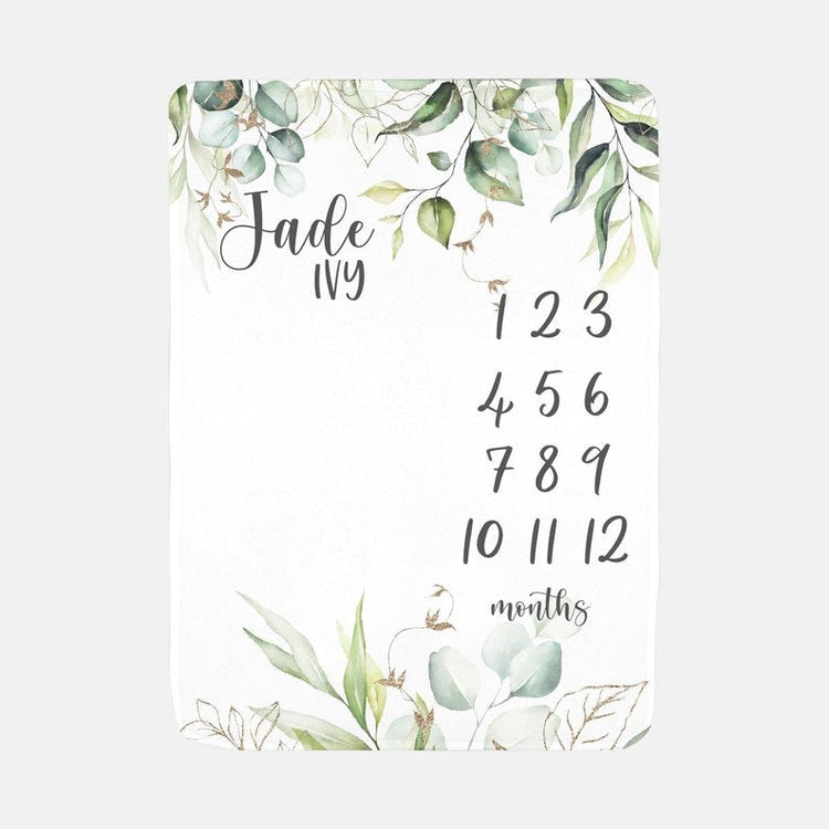 Greenery Elegant Eucalyptus Baby Milestone Blanket With Customized Name For Baby Girl Nursery, Daughter, Granddaughter