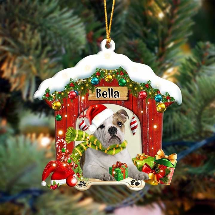 Customized Name English Bulldog In Red Wood House Acrylic Christmas Ornament Gift For Dog Lovers, Dog Mom
