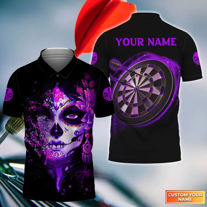 Customized Darts Men Polo Shirt, Skull Girl Butterfly Personalized Sugar Skull And Darts Polo Shirt - Gift For Darts Players Uniforms, Darts Lovers