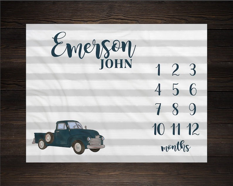 Old Truck Baby Milestone Blanket With Customized Name For Baby Boy Nursery, Son, Grandson, Newborn Gifts