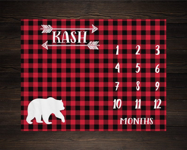 Lumberjack Baby Milestone Blanket With Customized Name For Baby Boy Nursery, Son, Grandson, Newborn Gifts