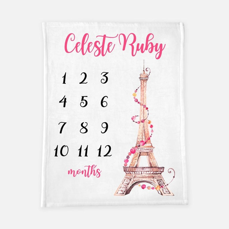 Paris Themed Baby Milestone Blanket With Customized Name For Baby Girl Nursery, Daughter, Granddaughter