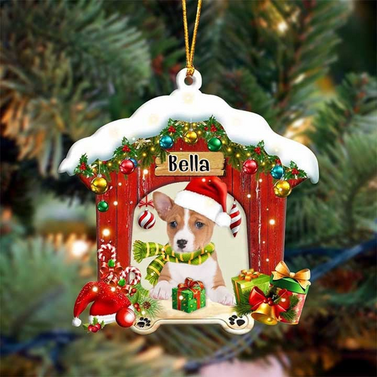 Customized Name Basenji In Red Wood House Acrylic Christmas Ornament Gift For Dog Lovers, Dog Mom