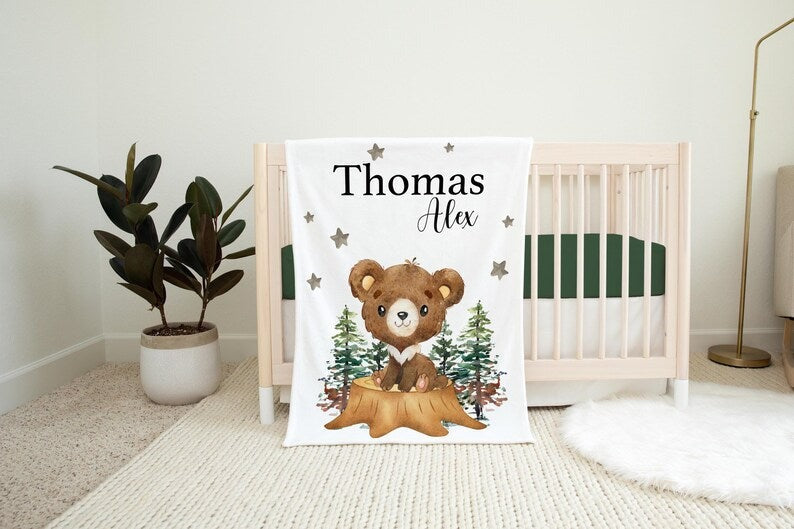 Brown Bear Woodland Baby Blanket With Customized Name For Baby Boy Girl Nursery, Son, Grandson, Daughter, Granddaughter