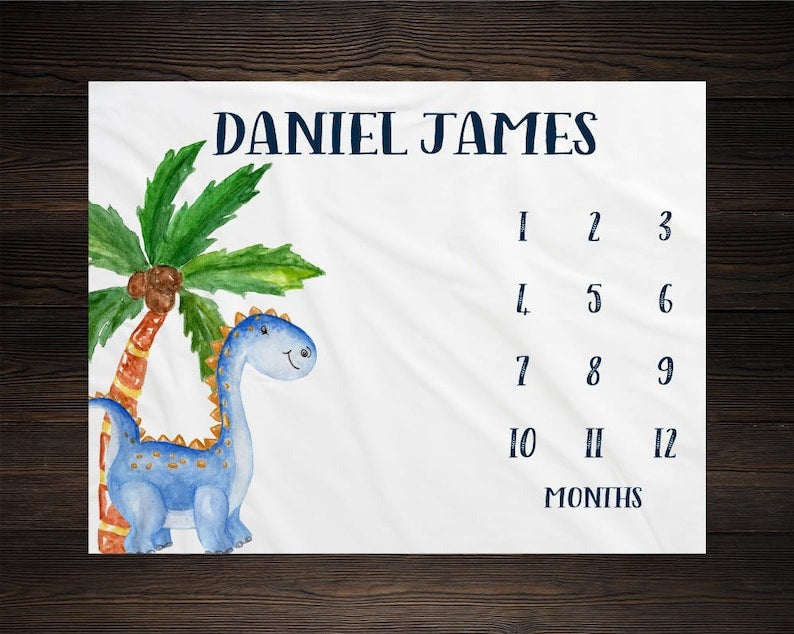 Dinosaur Coconut Tree Baby Milestone Blanket With Customized Name For Baby Boy Nursery, Son, Grandson, Newborn Gifts