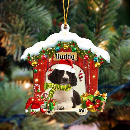 Customized Name English Springer Spaniel In Red Wood House Acrylic Christmas Ornament Gift For Dog Lovers, Dog Mom