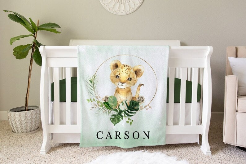 Tropical Lion Jungle Baby Kids Blanket With Customized Name For Baby Boy Girl Nursery, Son, Grandson, Daughter, Granddaughter, Newborn Gifts