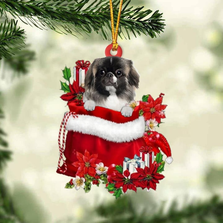 Customized Pekingese In Red Gift Bag Acrylic Christmas Ornament, Personalized Christmas Gift For Dog Lovers, Dog Mom