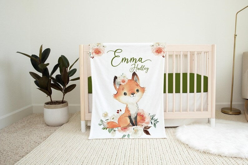 Fox Floral Baby Girl Blanket With Customized Name For Baby Girl Nursery, Daughter, Granddaughter