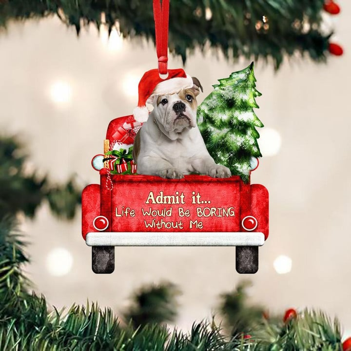 Custom Photo English Bulldog On The Red Truck Acrylic Christmas Ornament, Customized Christmas Gift For Dog Lovers, Dog Owners