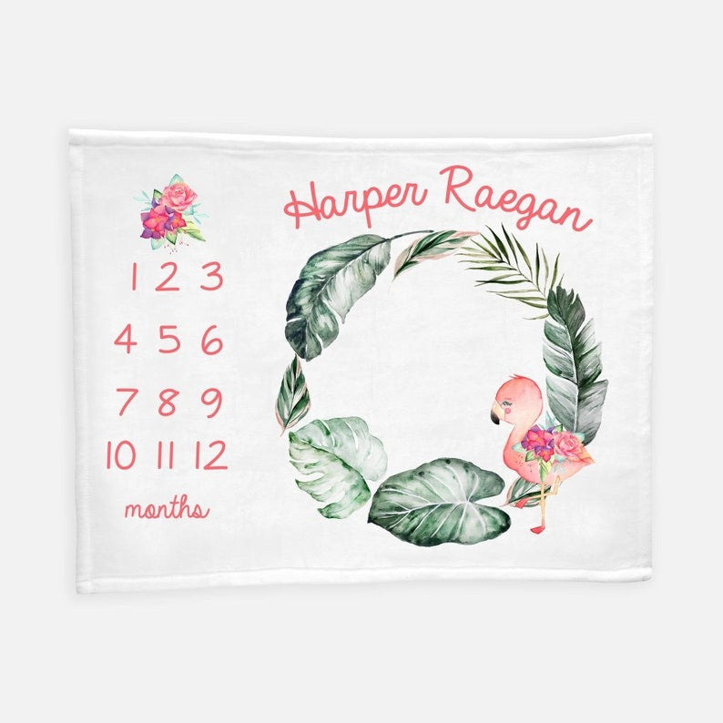 Flamingo Floral Baby Milestone Blanket With Customized Name For Baby Girl Nursery, Daughter, Granddaughter, Newborn Gifts