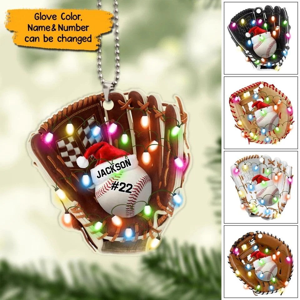 Personalized Christmas Light Baseball Glove Ornament Acrylic, Baseball Ornament For Him