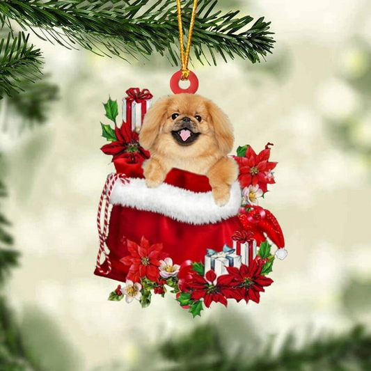 Customized Pekingese In Red Gift Bag Acrylic Christmas Ornament, Personalized Christmas Gift For Dog Lovers, Dog Mom