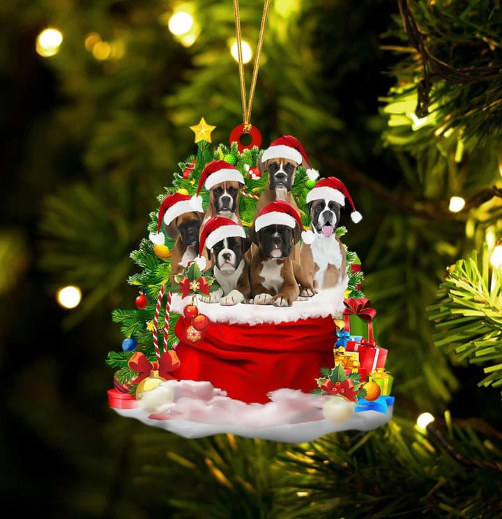 Personalized Boxer Dogs In Red Gift Bag Acrylic Christmas Ornament, Custom Name Christmas Gift For Dog Lovers, Dog Mom