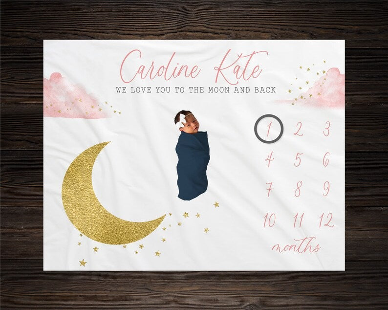 Moon And Stars Baby Milestone Blanket With Customized Name For Baby Girl Nursery, Daughter, Granddaughter