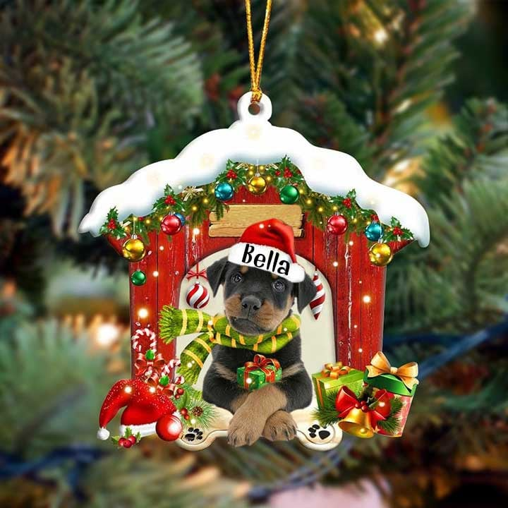 Customized Name Rottweiler In Red Wood House Acrylic Christmas Ornament Gift For Dog Lovers, Dog Mom
