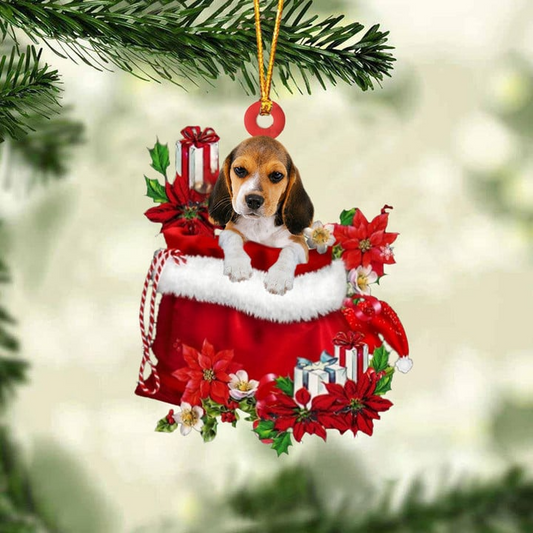 Customized Beagle In Red Gift Bag Acrylic Christmas Ornament, Personalized Christmas Gift For Dog Lovers, Dog Mom