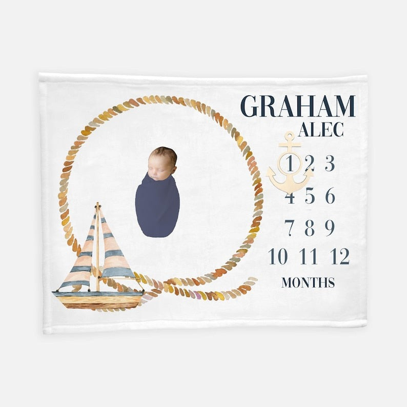 Sailboat Nautical Baby Milestone Blanket With Customized Name For Baby Boy Nursery, Son, Grandson