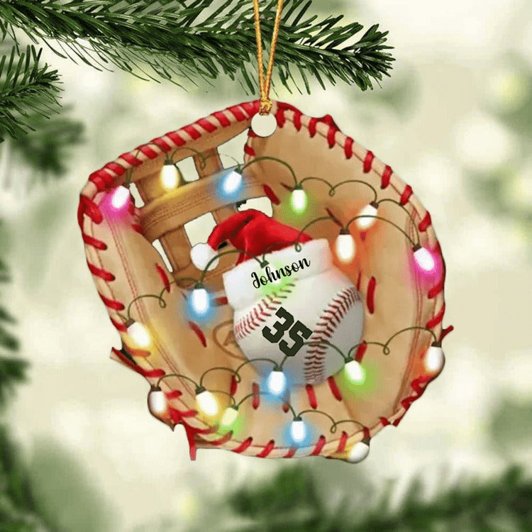 Personalized Christmas Light Baseball Glove Ornament Acrylic, Baseball Ornament For Him